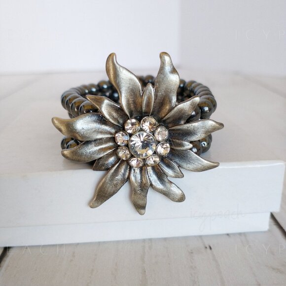 Handmade Floral Beaded Necklace Hematite Triple Layer Corsage Jewelry Whimsigoth - Picture 1 of 11